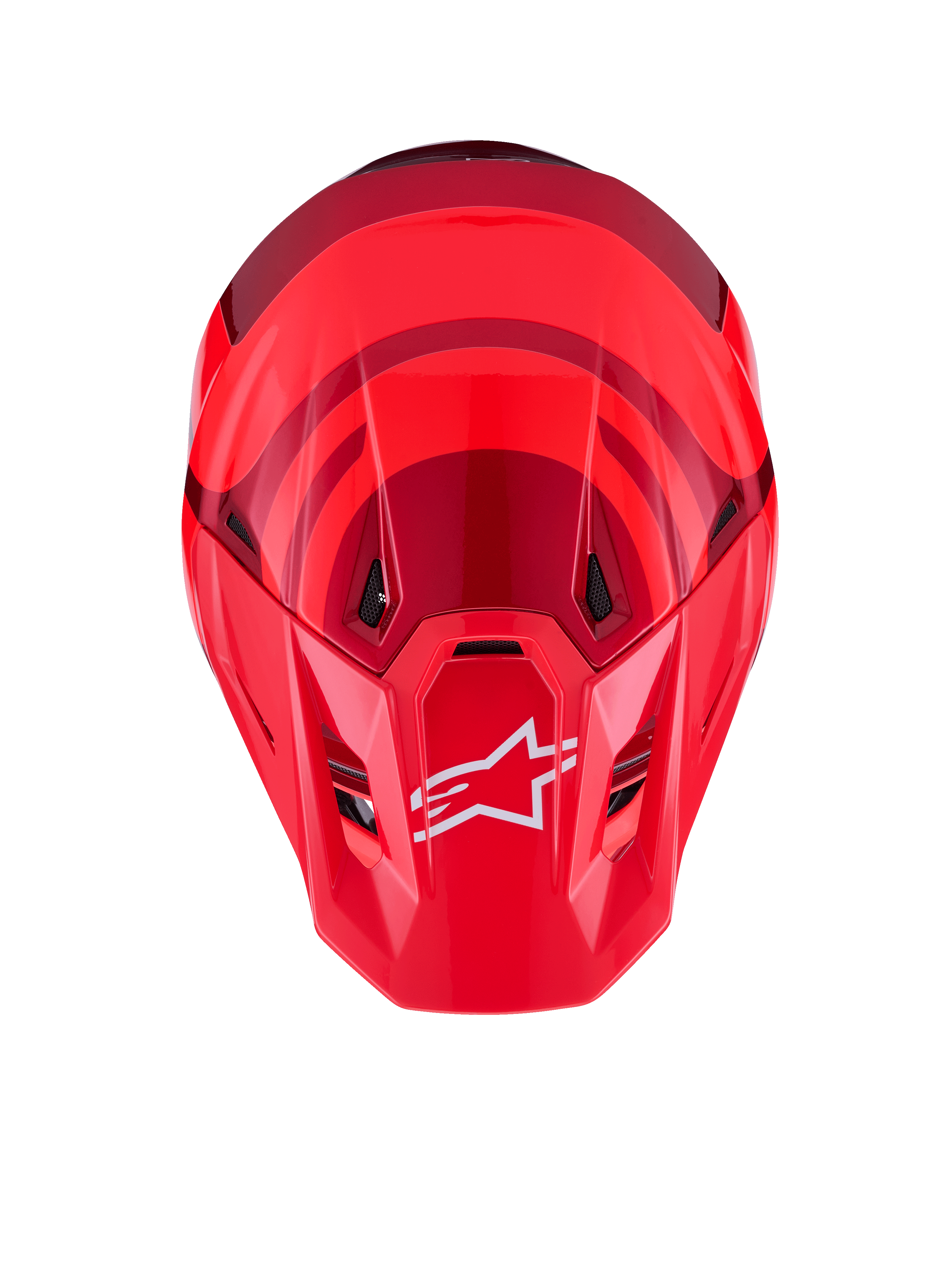 Casco Alpinestars S-M7 Core, rosso lucido, vista dall'alto con calotta aerodinamica e accenti rosso scuro, logo A-star bianco sulla visiera, porte di ventilazione integrate, equipaggiamento protettivo da motocross ad alte prestazioni