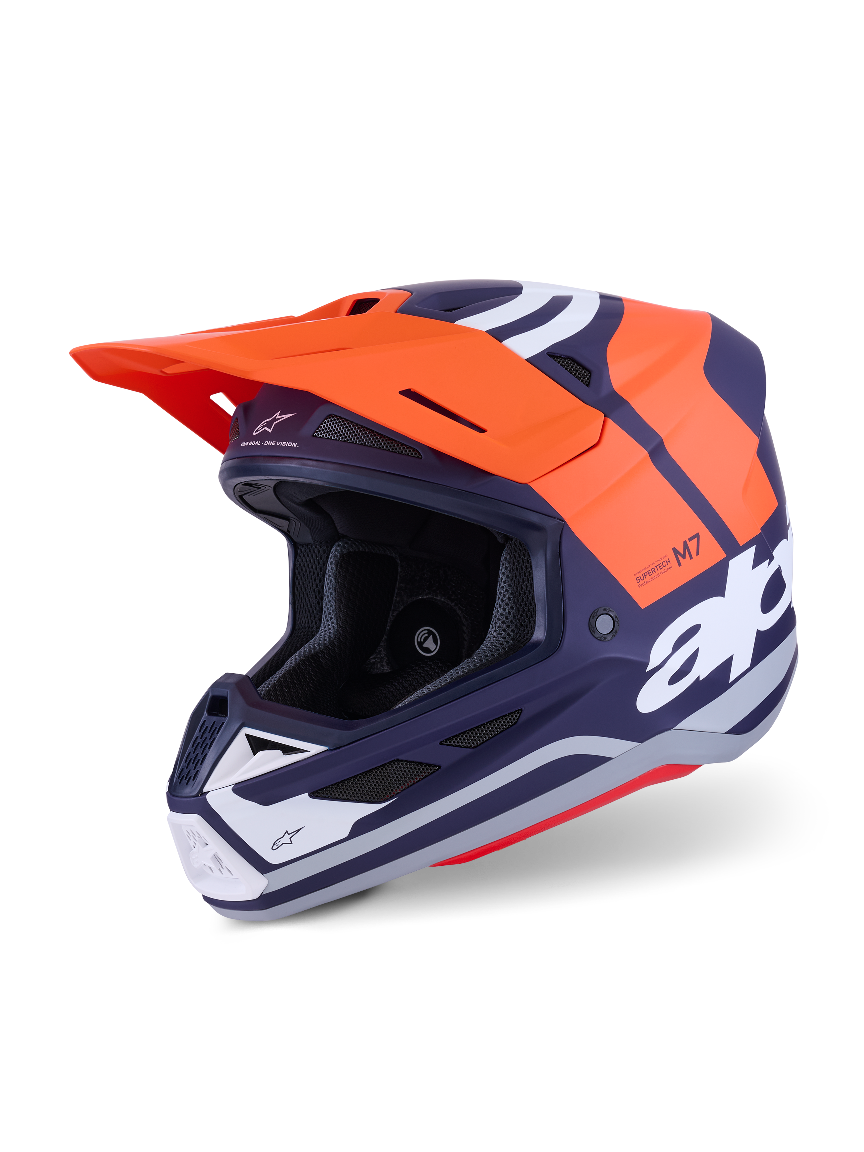 Alpinestars S-M7 Core Helmet ECE 22.06, casco da motocross, arancione e blu navy opaco, con branding bianco, calotta aerodinamica con ventilazione integrata, visiera arancione e costruzione professionale per corse off-road.