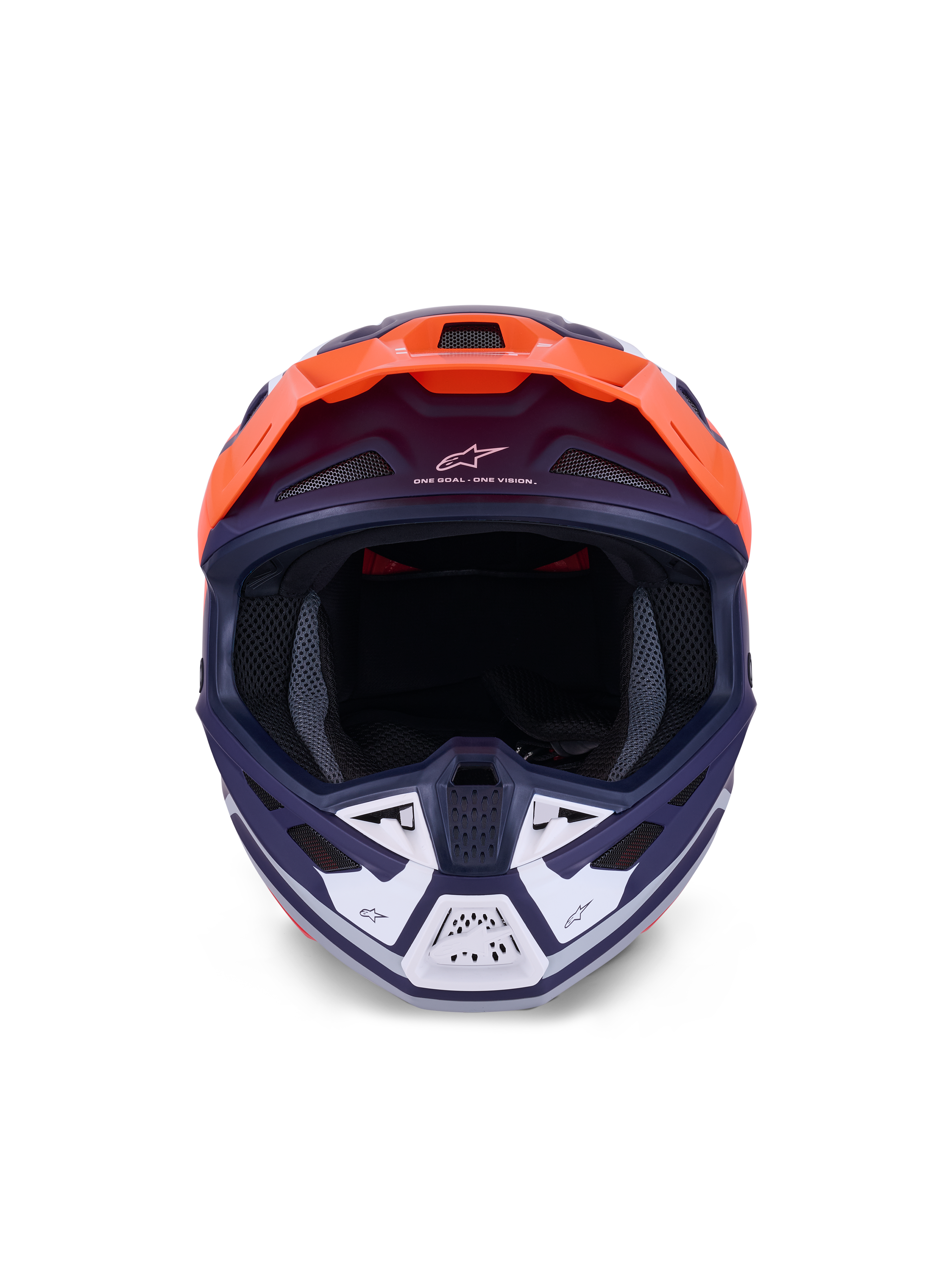 Casco Alpinestars S-M7 Core, casco da motocross, arancione e blu opaco, vista frontale con accenti bianchi sulla mentoniera, con branding "One Goal - One Vision", calotta aerodinamica per gare off-road