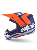 Casco Alpinestars S-M7 Core ECE 22.06, profilo laterale, finitura opaca blu navy e arancione, grande logo bianco laterale, casco da motocross aerodinamico con visiera protettiva