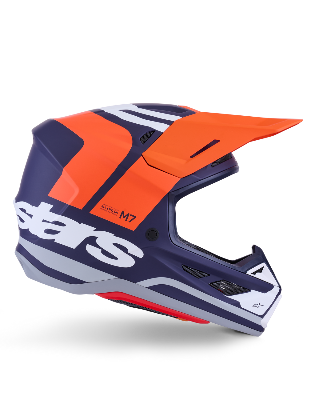 Alpinestars S-M7 Core Helmet ECE 22.06, casco da motocross, blu scuro opaco con vivaci dettagli arancione e bianco, visiera arancione, profilo aerodinamico con prese d'aria a rete, certificato ECE 22.06