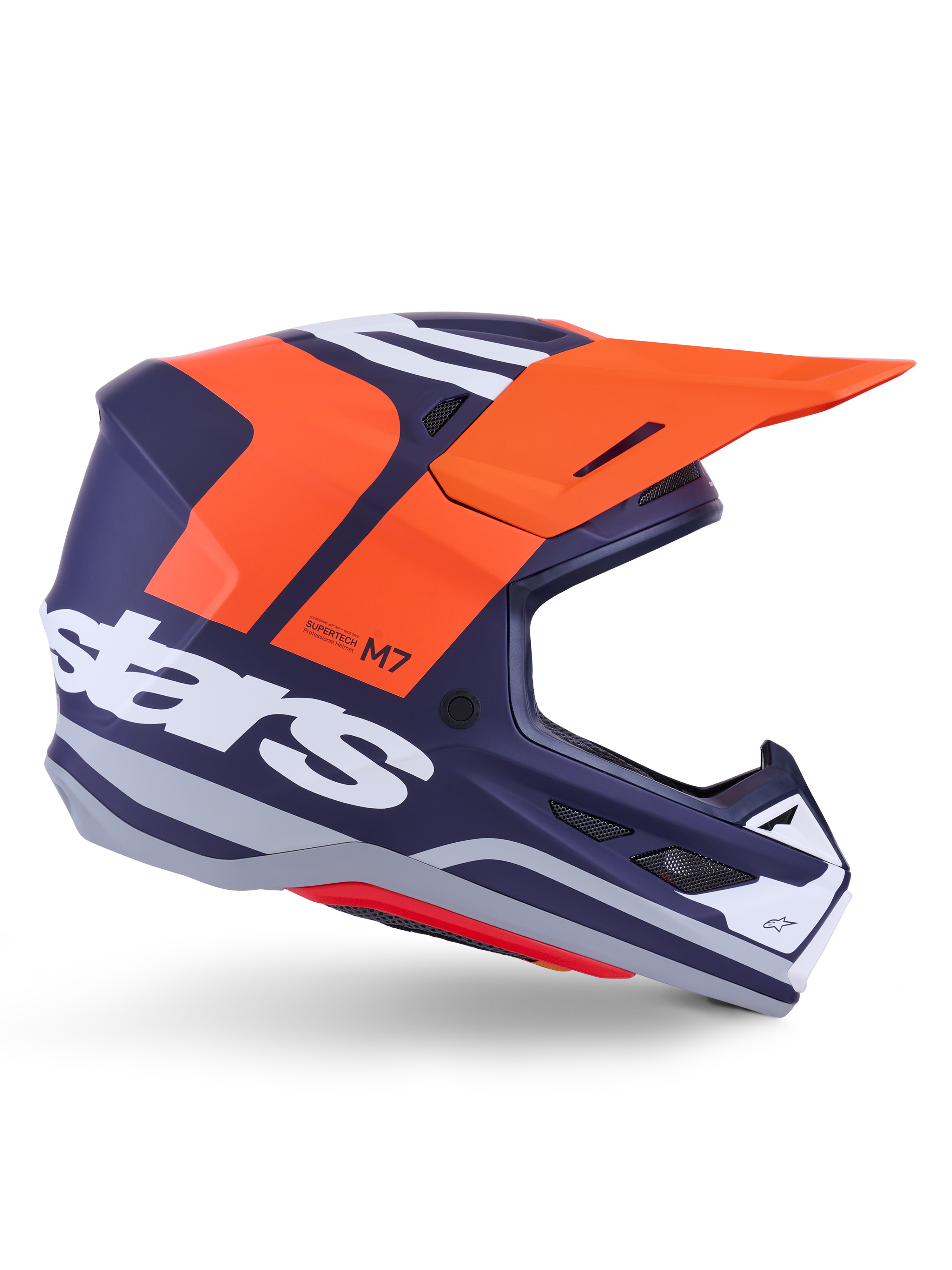 Alpinestars S-M7 Core Helmet ECE 22.06, casco da motocross, blu scuro opaco con vivaci dettagli arancione e bianco, visiera arancione, profilo aerodinamico con prese d'aria a rete, certificato ECE 22.06