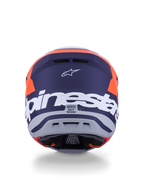 Casco Alpinestars S-M7 Core ECE 22.06, casco da motocross, arancione e blu opaco, vista posteriore con grande marchio Alpinestars bianco e logo Astars, design aerodinamico con porte di scarico integrate, protezione off-road professionale
