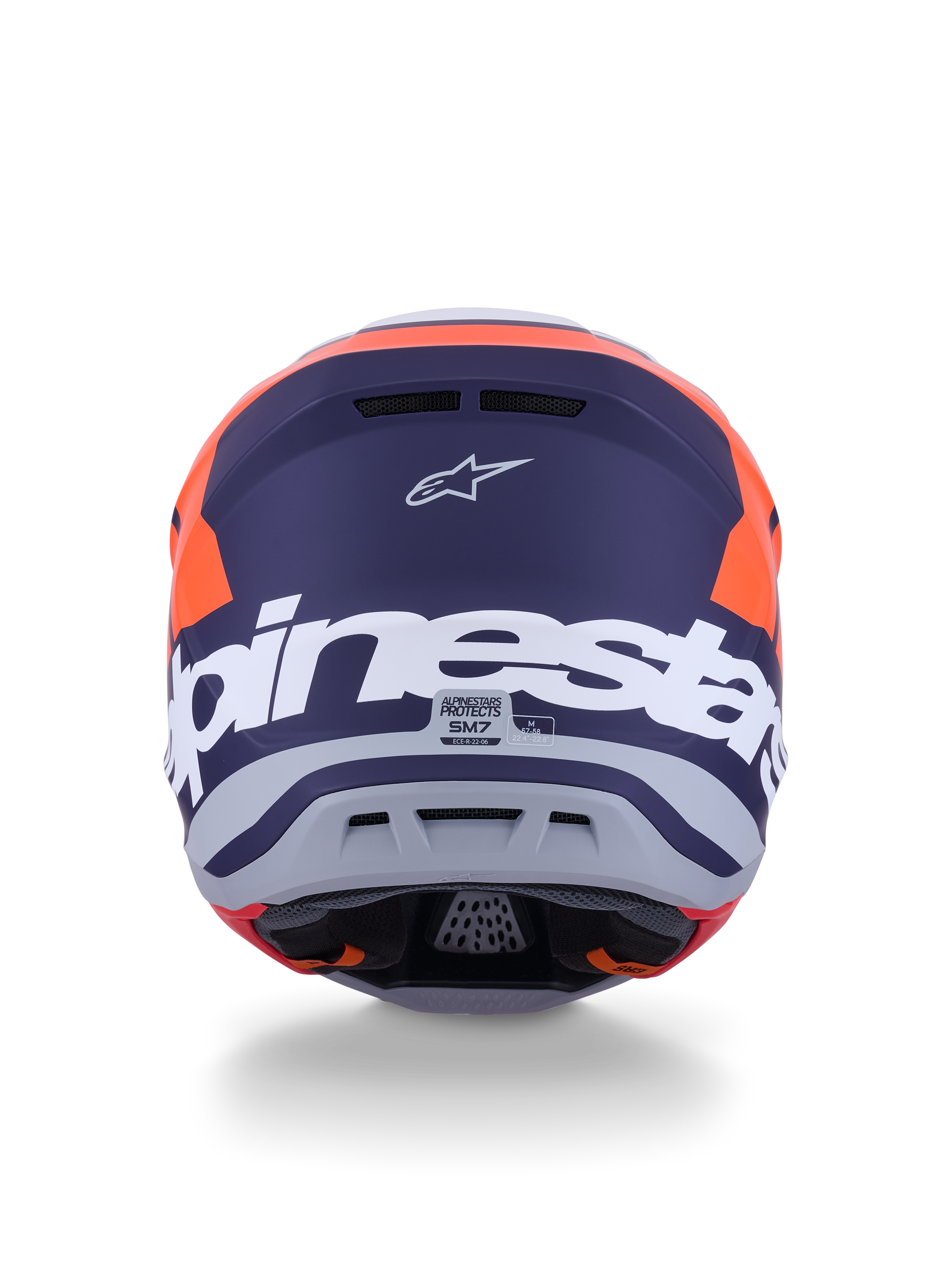 Casco Alpinestars S-M7 Core ECE 22.06, casco da motocross, arancione e blu opaco, vista posteriore con grande marchio Alpinestars bianco e logo Astars, design aerodinamico con porte di scarico integrate, protezione off-road professionale