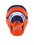 Alpinestars Casco S-M7 Core ECE 22.06, casco da motocross, arancione e blu opaco, vista dall'alto con grafiche geometriche blu navy e bianche, logo Alpinestars bianco sulla visiera arancione, design aerodinamico della calotta per gare off-road