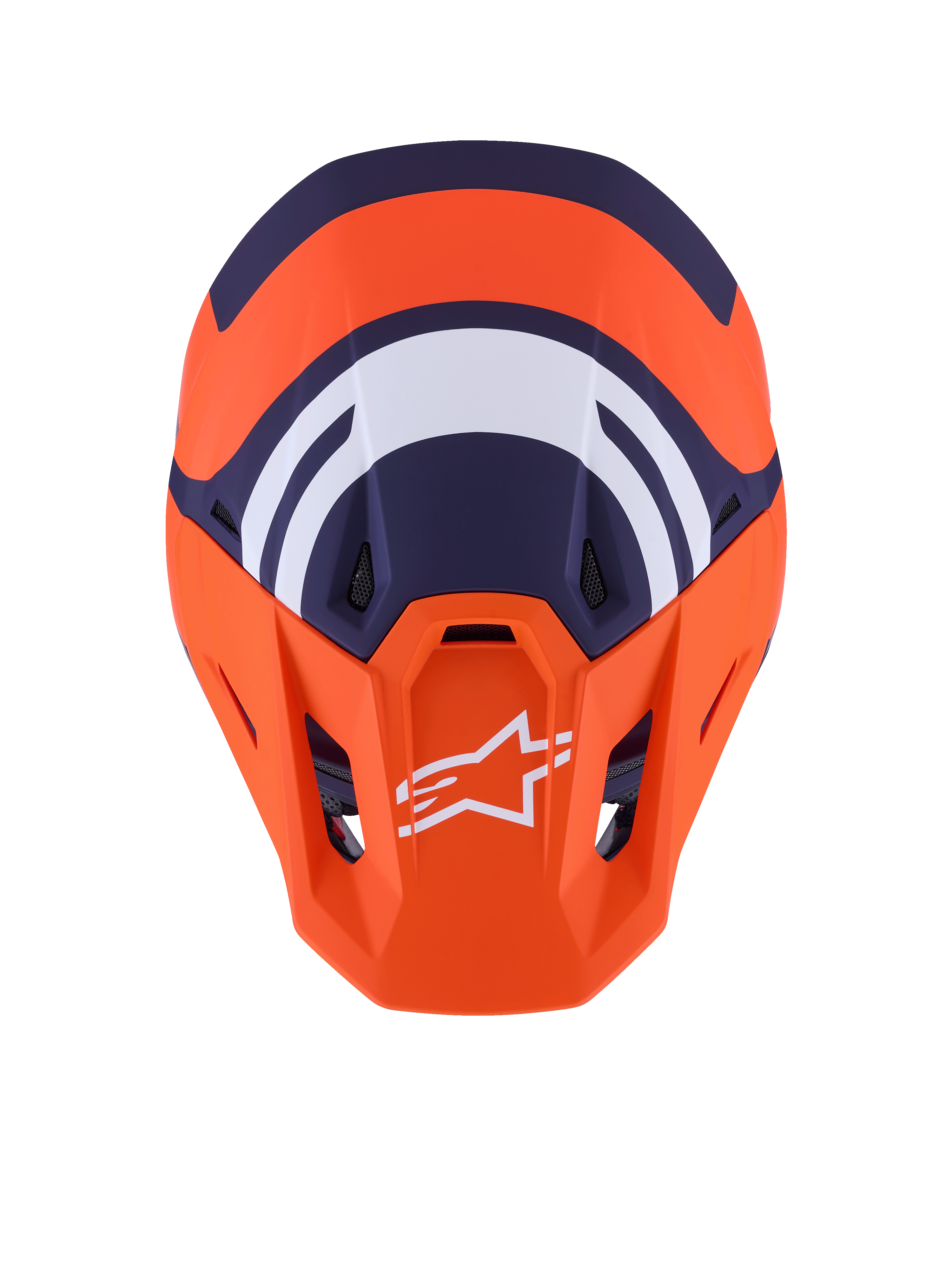 Alpinestars Casco S-M7 Core ECE 22.06, casco da motocross, arancione e blu opaco, vista dall'alto con grafiche geometriche blu navy e bianche, logo Alpinestars bianco sulla visiera arancione, design aerodinamico della calotta per gare off-road