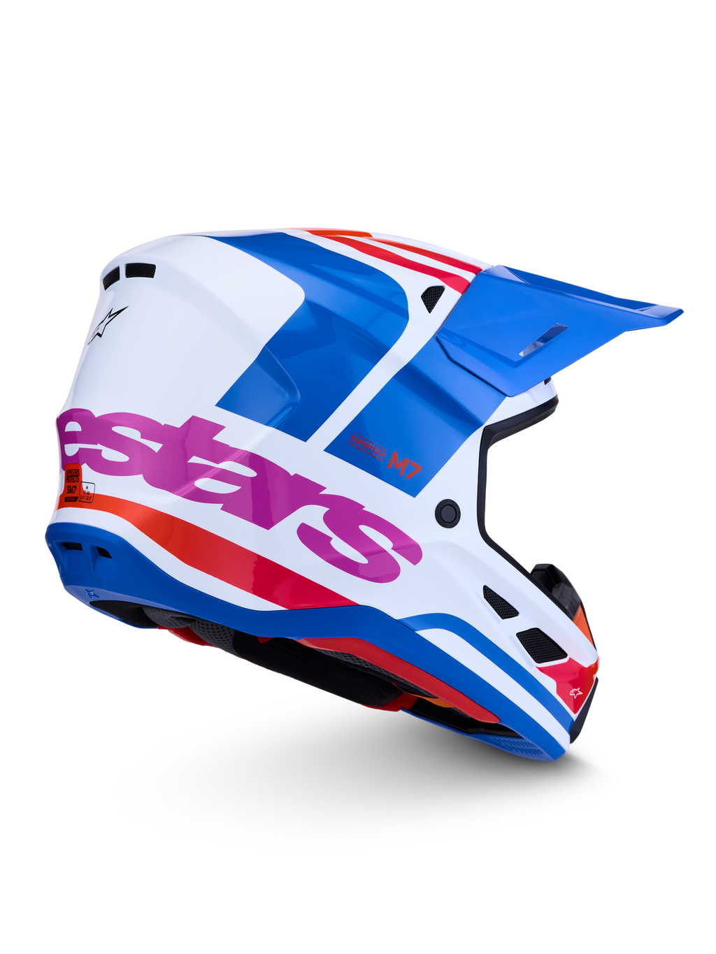 Alpinestars casco S-M7 Core ECE06, casco da motocross bianco e blu con dettagli rosa, certificato ECE 22.06 per fuoristrada