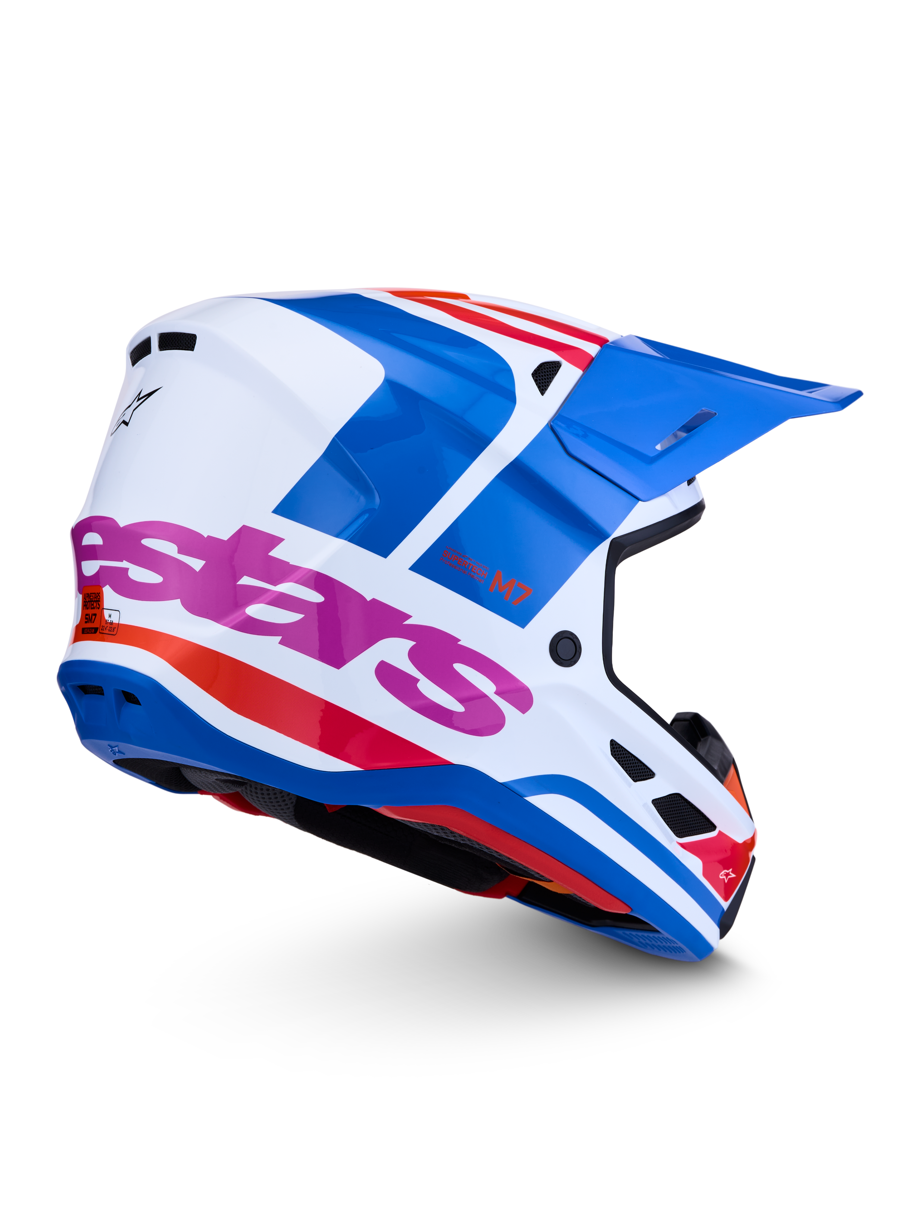 Alpinestars casco S-M7 Core ECE06, casco da motocross bianco e blu con dettagli rosa, certificato ECE 22.06 per fuoristrada