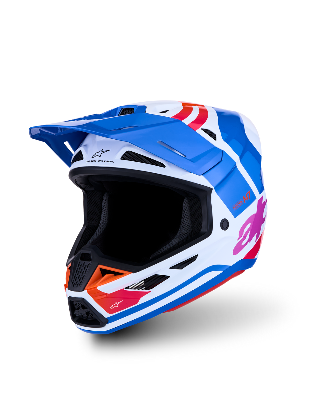 Alpinestars casco S-M7 Core ECE06, casco da motocross blu e bianco con grafiche lucide arancioni e rosa, certificato ECE