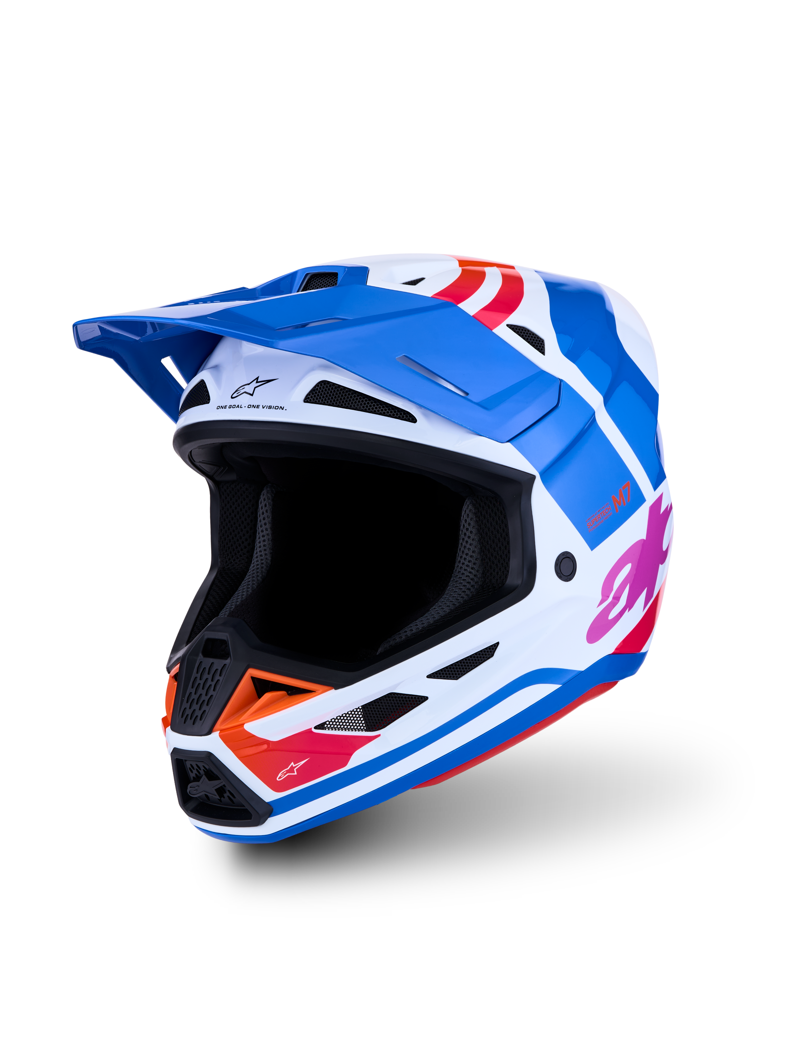 Alpinestars casco S-M7 Core ECE06, casco da motocross blu e bianco con grafiche lucide arancioni e rosa, certificato ECE