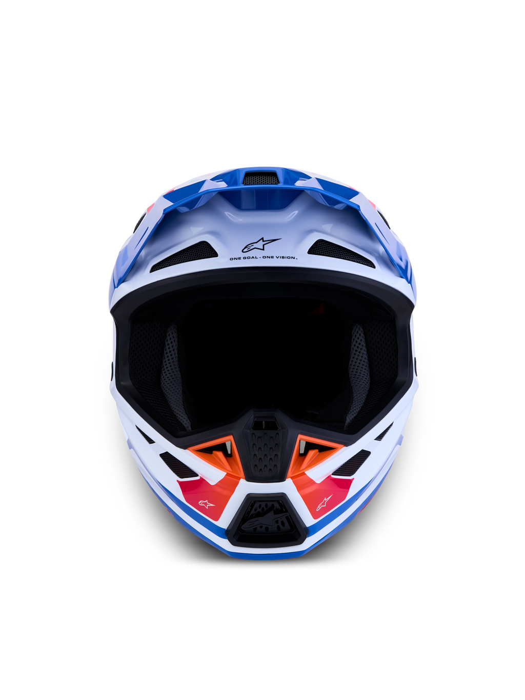 Alpinestars casco S-M7 Core ECE06, casco da motocross bianco e blu con dettagli arancione, vista frontale, prese d'aria avanzate e certificato ECE 22.06