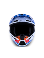 Alpinestars casco S-M7 Core ECE06, casco da motocross bianco e blu con dettagli arancione, vista frontale, prese d'aria avanzate e certificato ECE 22.06