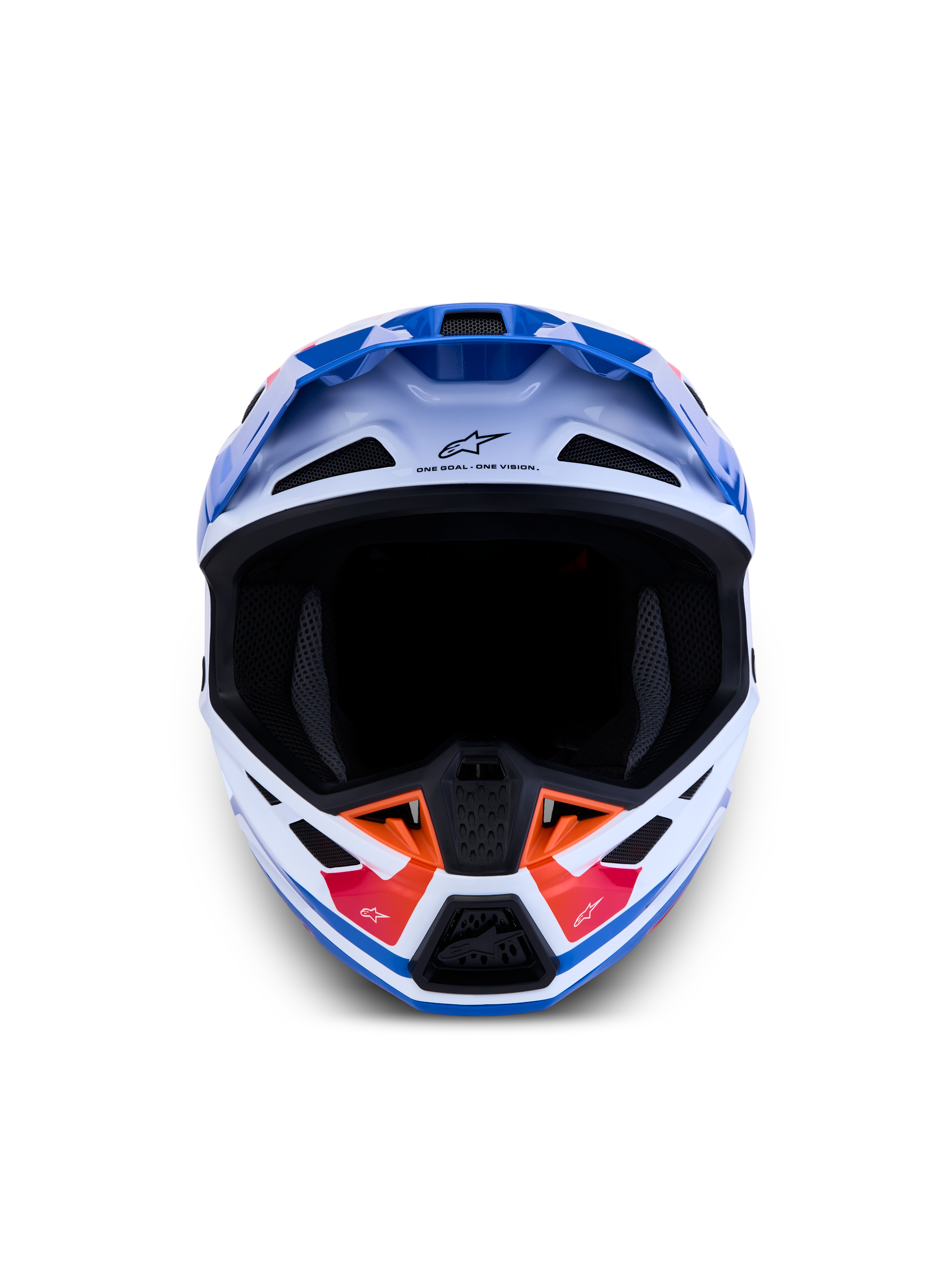 Alpinestars casco S-M7 Core ECE06, casco da motocross bianco e blu con dettagli arancione, vista frontale, prese d'aria avanzate e certificato ECE 22.06