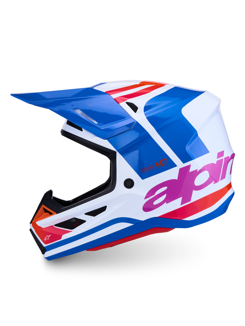 Alpinestars casco S-M7 Core ECE06, casco da motocross, bianco e blu lucido con dettagli rosa e arancione, certificato ECE.