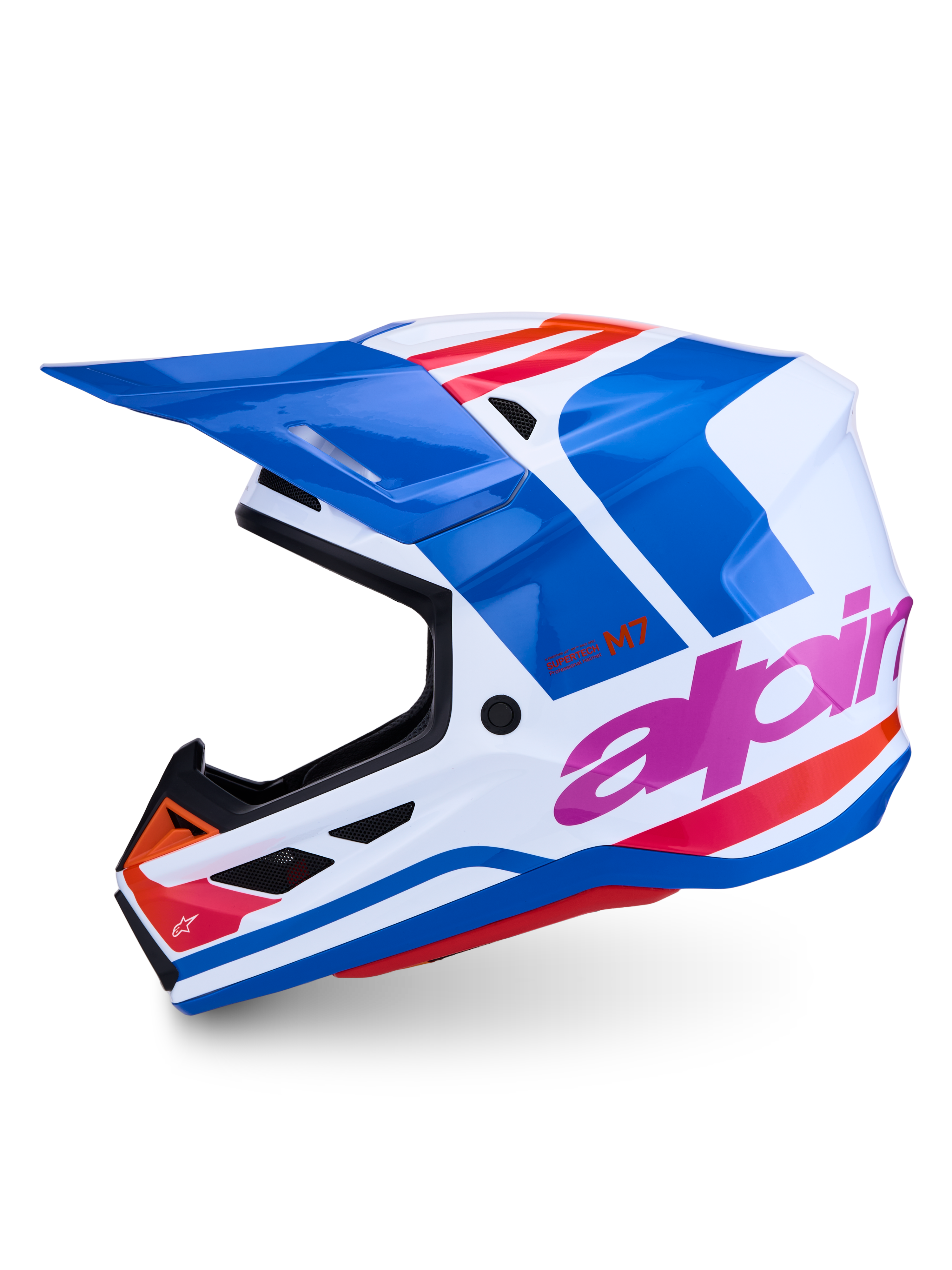 Alpinestars casco S-M7 Core ECE06, casco da motocross, bianco e blu lucido con dettagli rosa e arancione, certificato ECE.