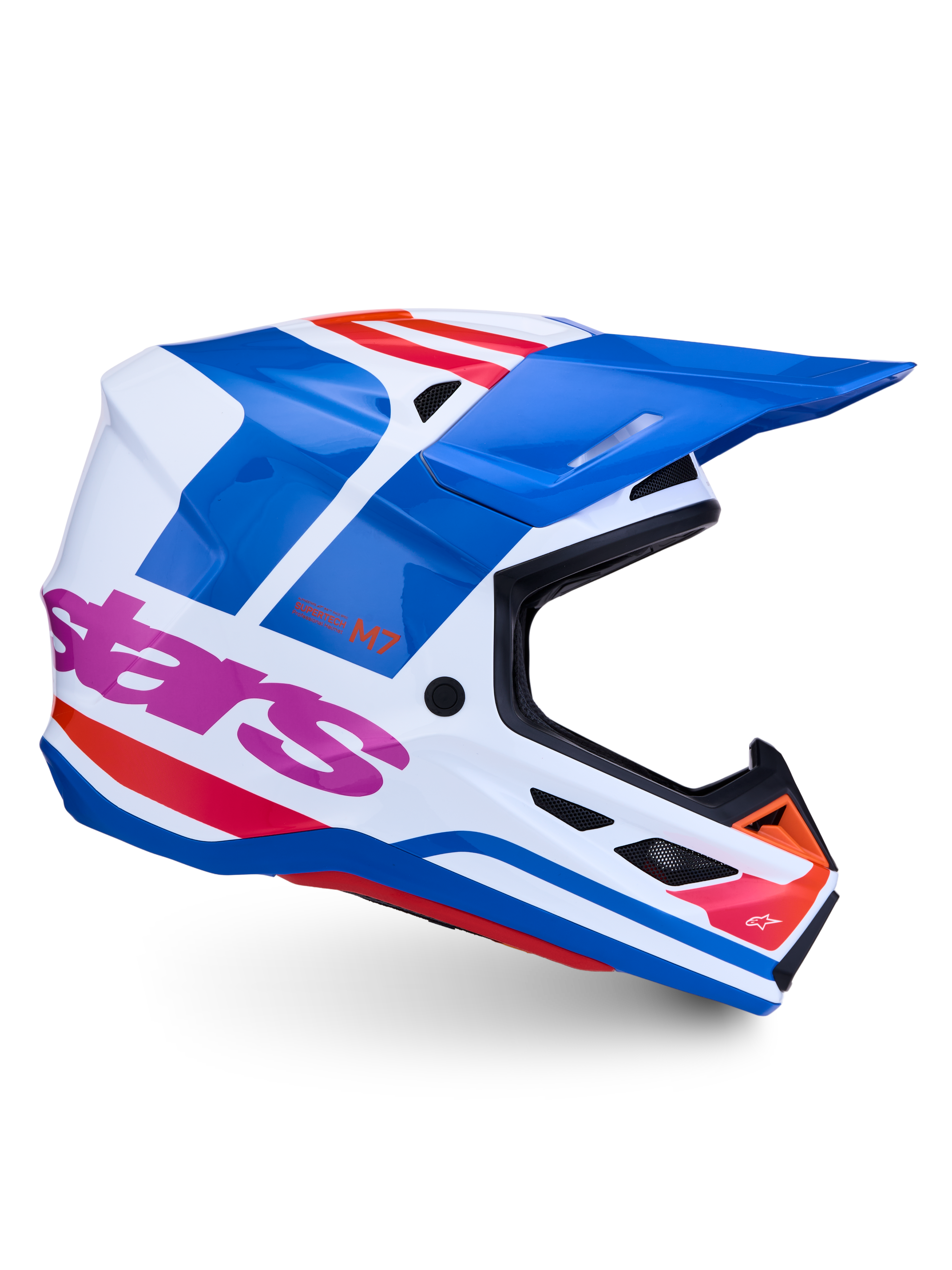 Alpinestars Casco S-M7 Core ECE06, casco da motocross off-road, finitura lucida bianca, blu e rosa, certificato ECE 22.06