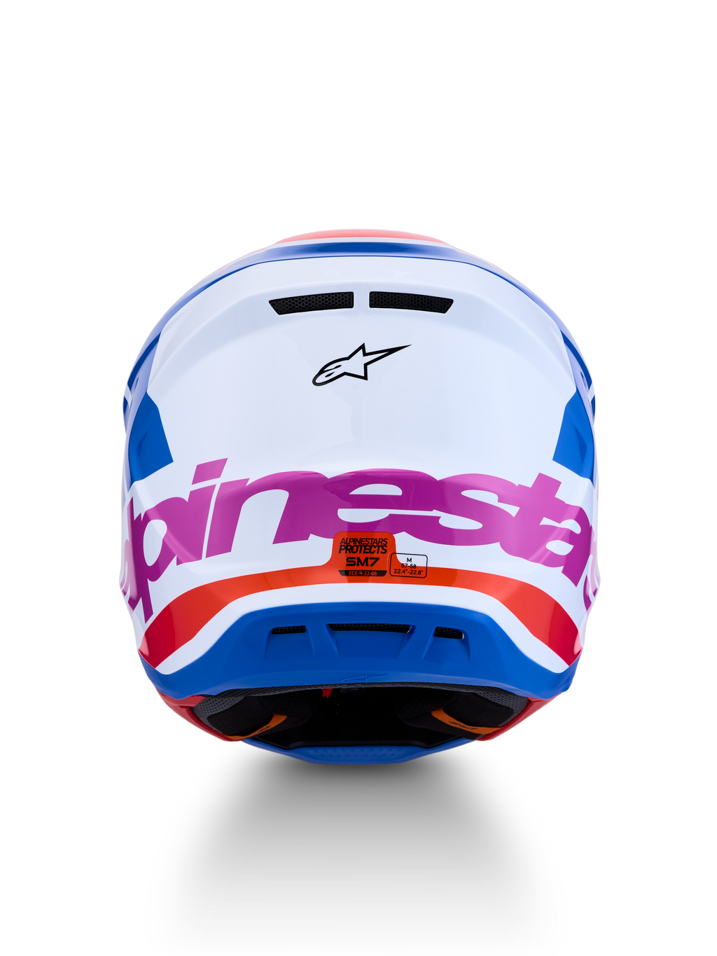 Casco Alpinestars S-M7 Core ECE06, vista posteriore, bianco e blu con dettagli rosa e arancioni, certificato ECE 22.06