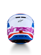 Casco Alpinestars S-M7 Core ECE06, vista posteriore, bianco e blu con dettagli rosa e arancioni, certificato ECE 22.06