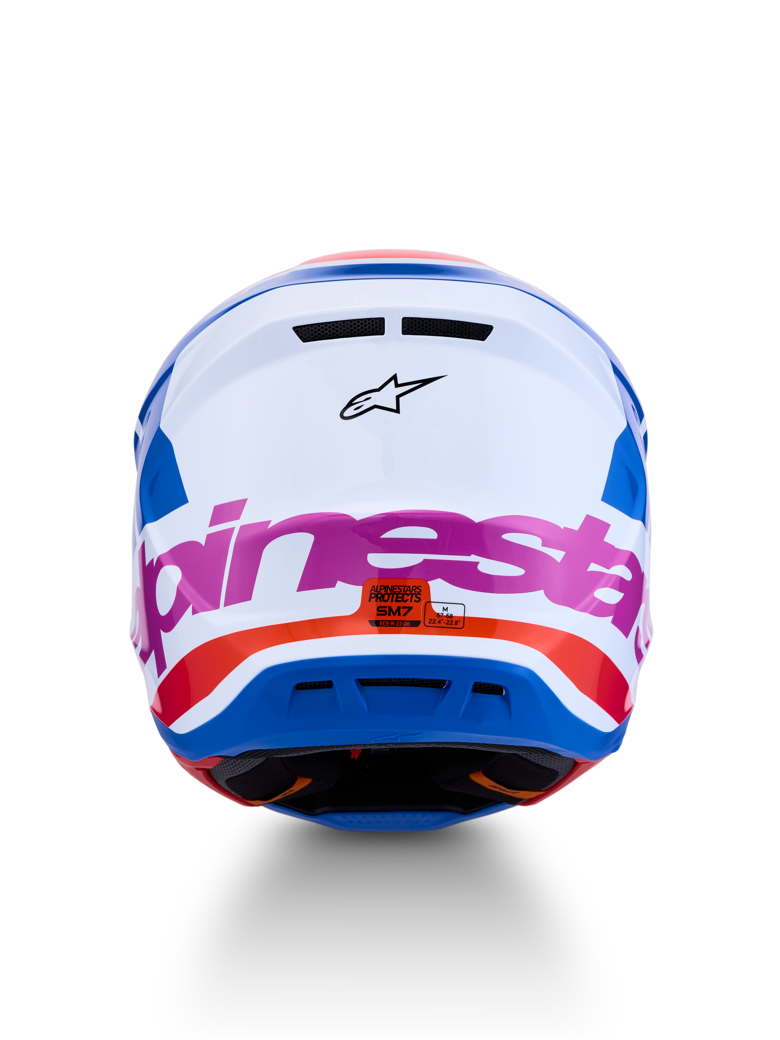 Casco Alpinestars S-M7 Core ECE06, vista posteriore, bianco e blu con dettagli rosa e arancioni, certificato ECE 22.06
