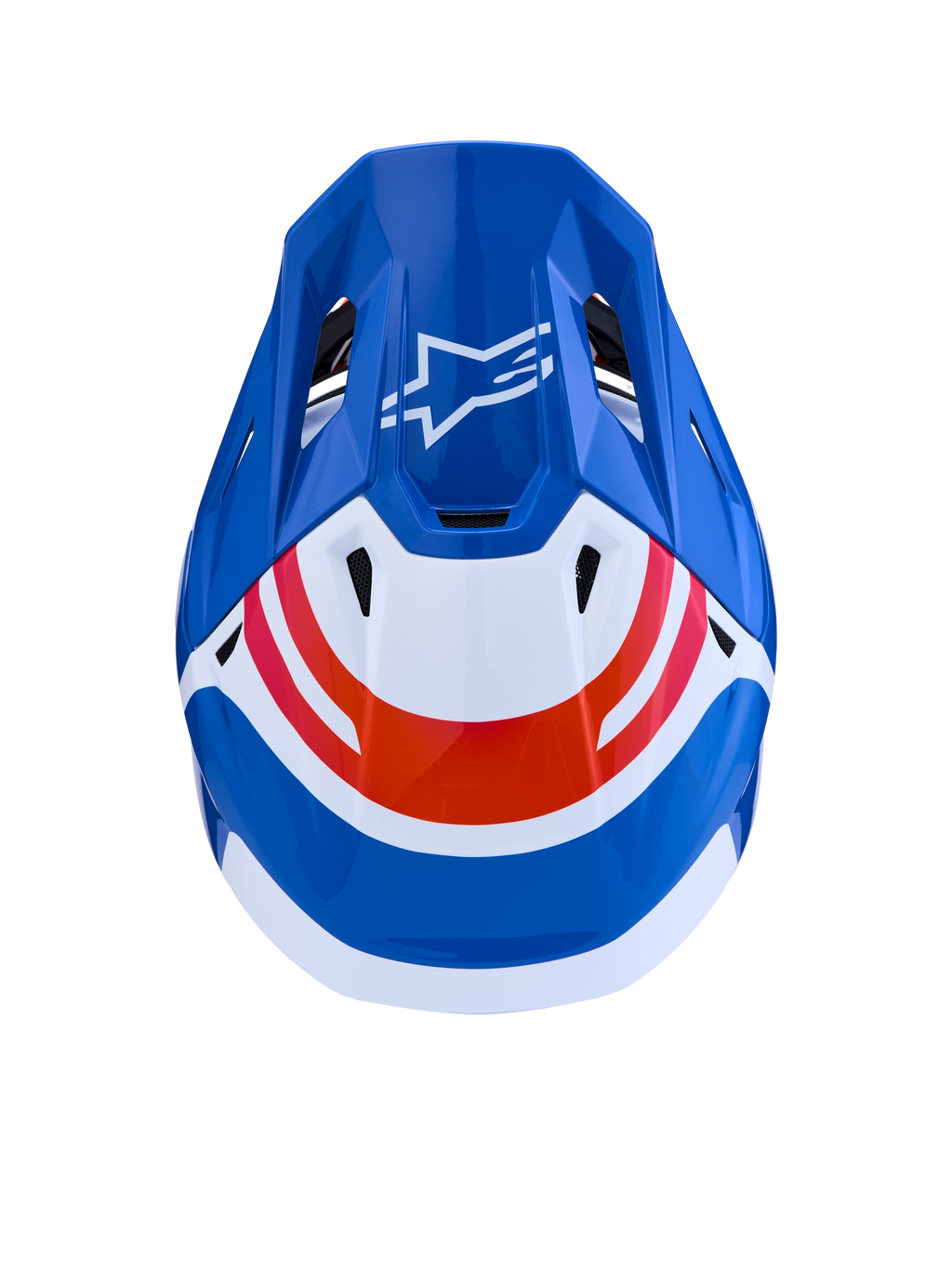 Alpinestars casco S-M7 Core ECE06, casco da motocross blu e bianco con dettagli arancioni, vista dall'alto e logo Astar