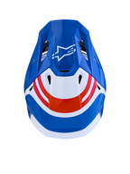 Alpinestars casco S-M7 Core ECE06, casco da motocross blu e bianco con dettagli arancioni, vista dall'alto e logo Astar