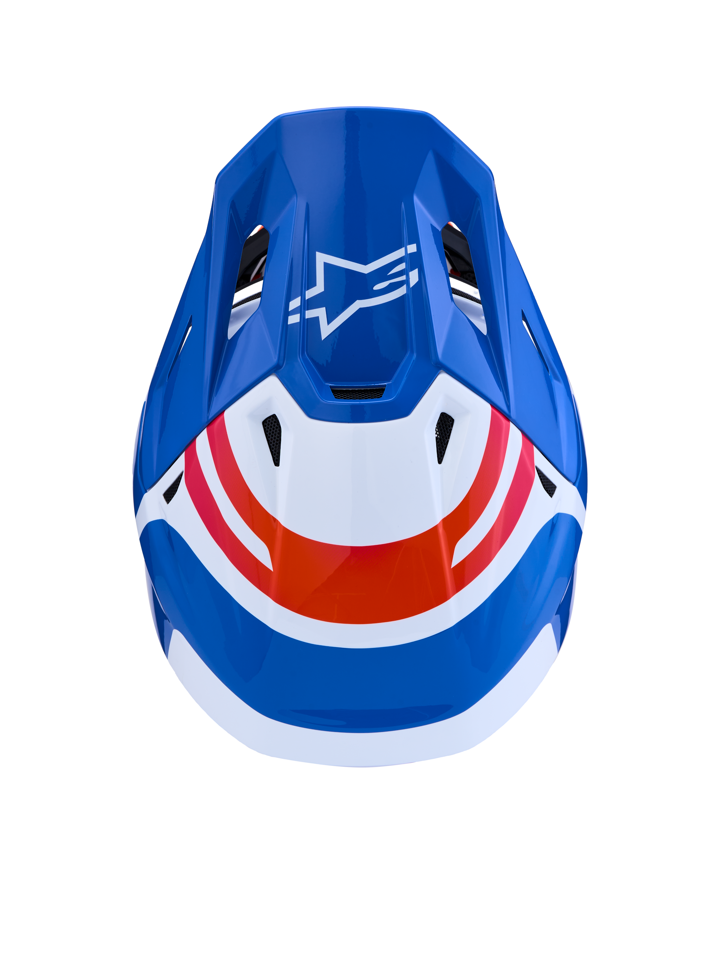 Alpinestars casco S-M7 Core ECE06, casco da motocross blu e bianco con dettagli arancioni, vista dall'alto e logo Astar