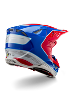 Casco Alpinestars Supertech M10 Aeon ECE 22.06, casco da motocross, rosso acceso, blu e bianco lucido, vista laterale posteriore con profilo aerodinamico, marchio Alpinestars argento e prese d'aria integrate.