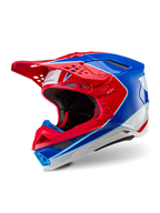Casco Alpinestars Supertech M10 Aeon, casco da motocross, rosso e blu lucido, vista a tre quarti che mostra la calotta aerodinamica con prese d'aria multiple, accenti grafici bianchi e rossi, logo Alpinestars sulla visiera e sul lato, equipaggiamento professionale per gare fuoristrada