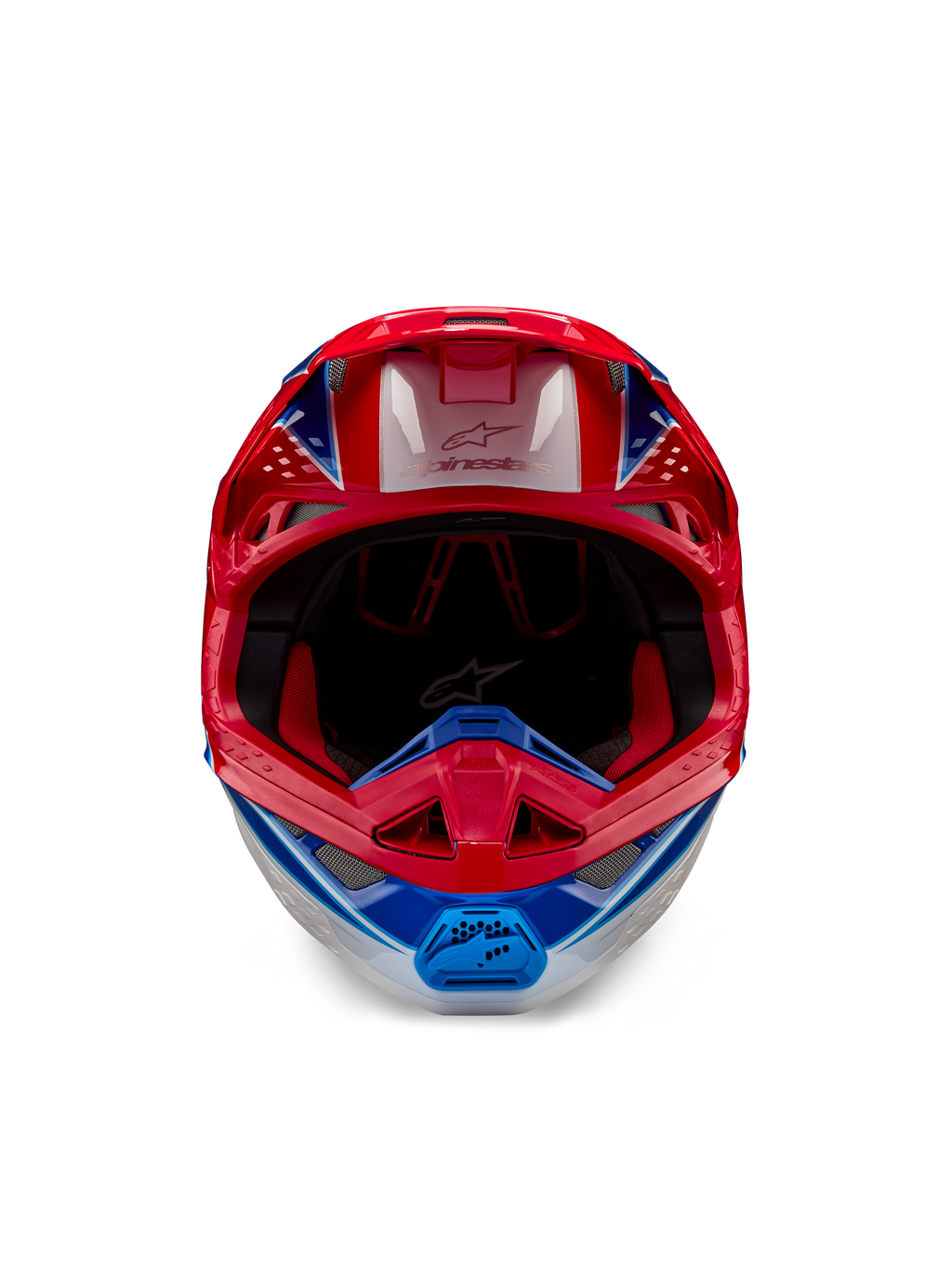 Casco Alpinestars Supertech M10 Aeon ECE 22.06, casco da motocross, rosso e blu lucido, vista frontale con calotta aerodinamica, mentoniera ventilata e imbottitura interna rossa, finitura lucida per gare off-road.