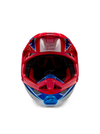 Casco Alpinestars Supertech M10 Aeon ECE 22.06, casco da motocross, rosso e blu lucido, vista frontale con calotta aerodinamica, mentoniera ventilata e imbottitura interna rossa, finitura lucida per gare off-road.