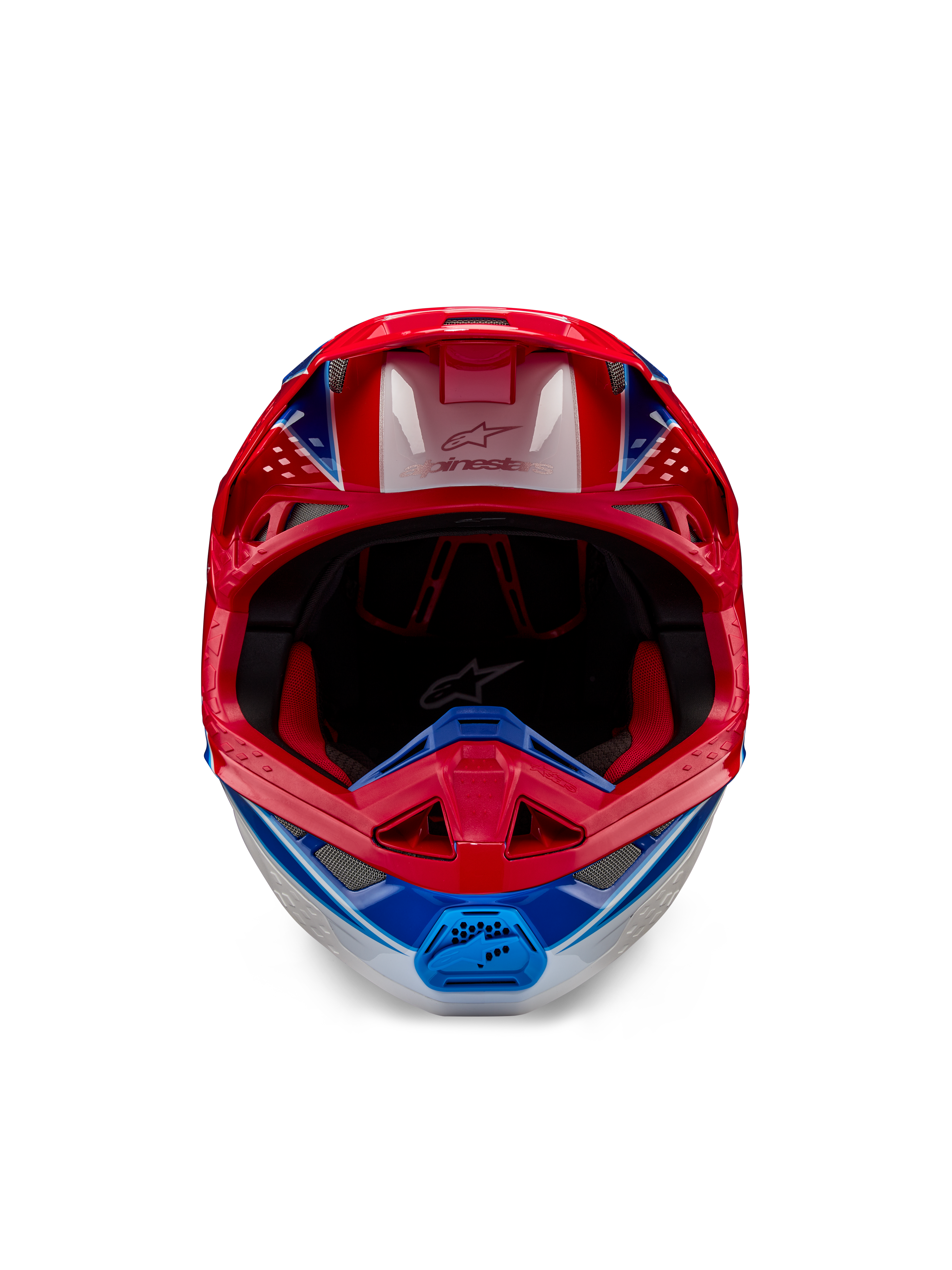 Casco Alpinestars Supertech M10 Aeon ECE 22.06, casco da motocross, rosso e blu lucido, vista frontale con calotta aerodinamica, mentoniera ventilata e imbottitura interna rossa, finitura lucida per gare off-road.