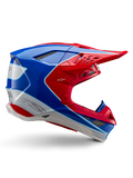 Alpinestars Supertech M10 Aeon, casco da motocross, rosso brillante, blu e bianco, finitura lucida, profilo laterale aerodinamico con molteplici prese d'aria coperte da rete, contorni angolari e visiera