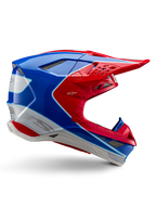 Alpinestars Supertech M10 Aeon, casco da motocross, rosso brillante, blu e bianco, finitura lucida, profilo laterale aerodinamico con molteplici prese d'aria coperte da rete, contorni angolari e visiera