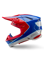 Casco Alpinestars Supertech M10 Aeon ECE 22.06, casco da motocross, rosso e blu lucido, vista di profilo laterale, calotta multi-composita aerodinamica con prese d'aria integrate e design grafico rosso e blu, finitura lucida per gare fuoristrada