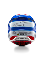 Casco Alpinestars Supertech M10 Aeon ECE 22.06, casco da motocross, vista posteriore, finitura lucida rosso acceso e blu, grande logo Alpinestars argento, molteplici prese d'aria, adesivi di sicurezza MIPS ed ECE, protezione professionale per competizioni