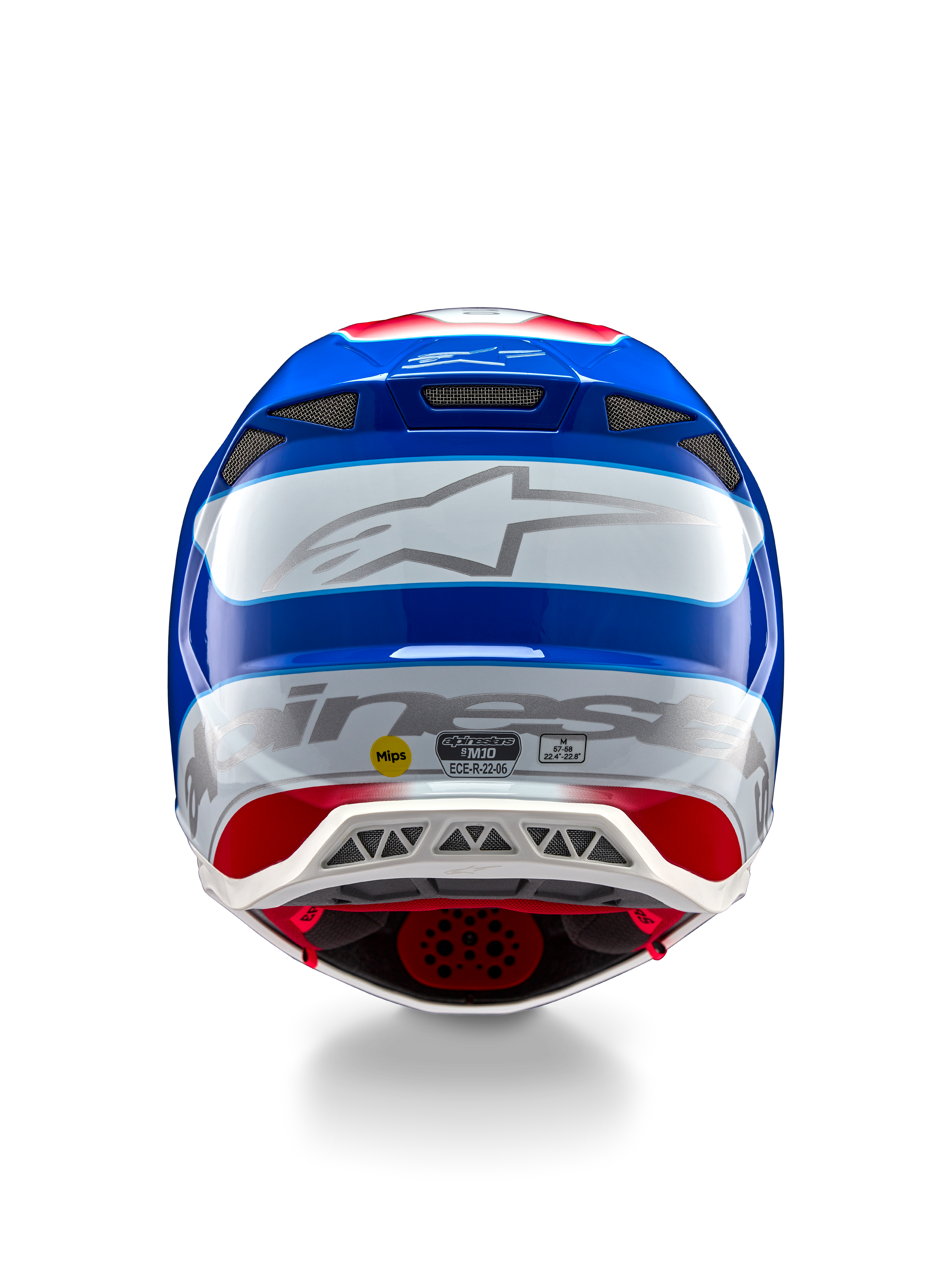 Casco Alpinestars Supertech M10 Aeon ECE 22.06, casco da motocross, vista posteriore, finitura lucida rosso acceso e blu, grande logo Alpinestars argento, molteplici prese d'aria, adesivi di sicurezza MIPS ed ECE, protezione professionale per competizioni