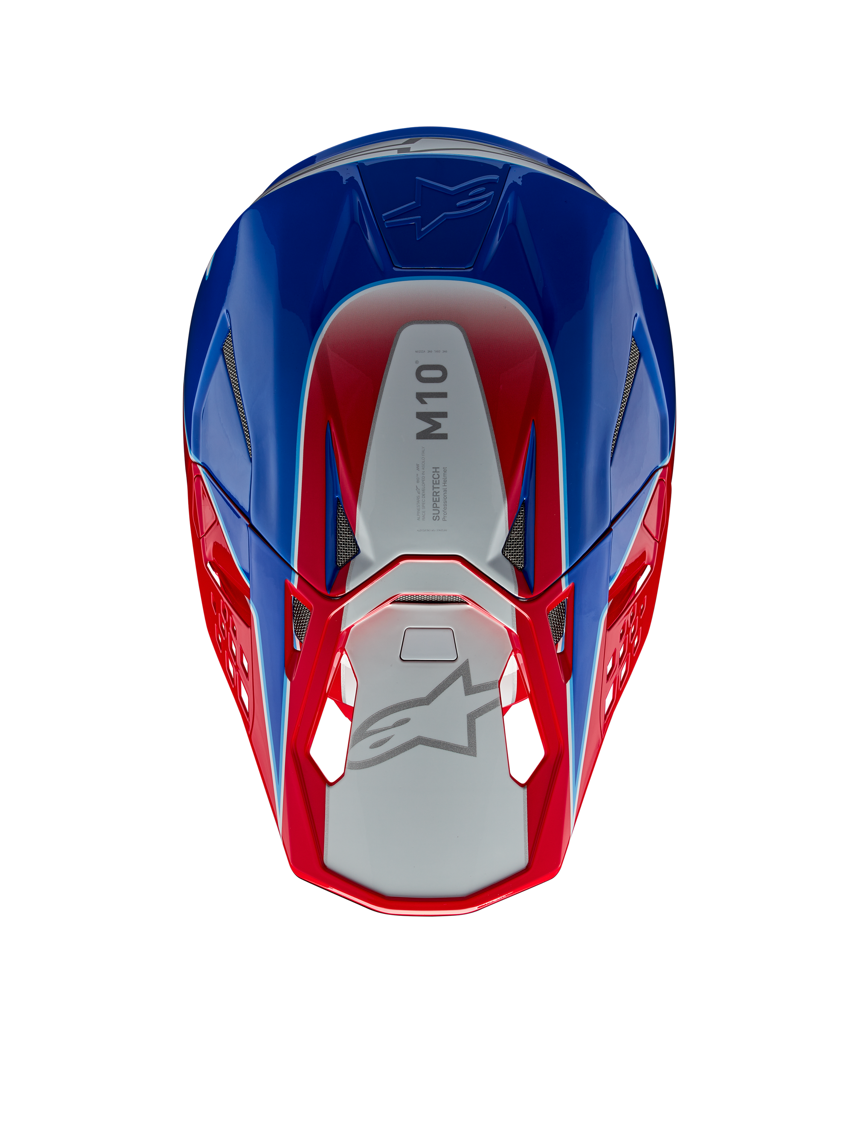 Casco Alpinestars Supertech M10 Aeon, casco da motocross, rosso e blu lucido, vista dall'alto con pannello centrale argento e marchio M10, calotta aerodinamica con accenti rossi e blu, prese d'aria in rete, protezione per la testa ad alte prestazioni