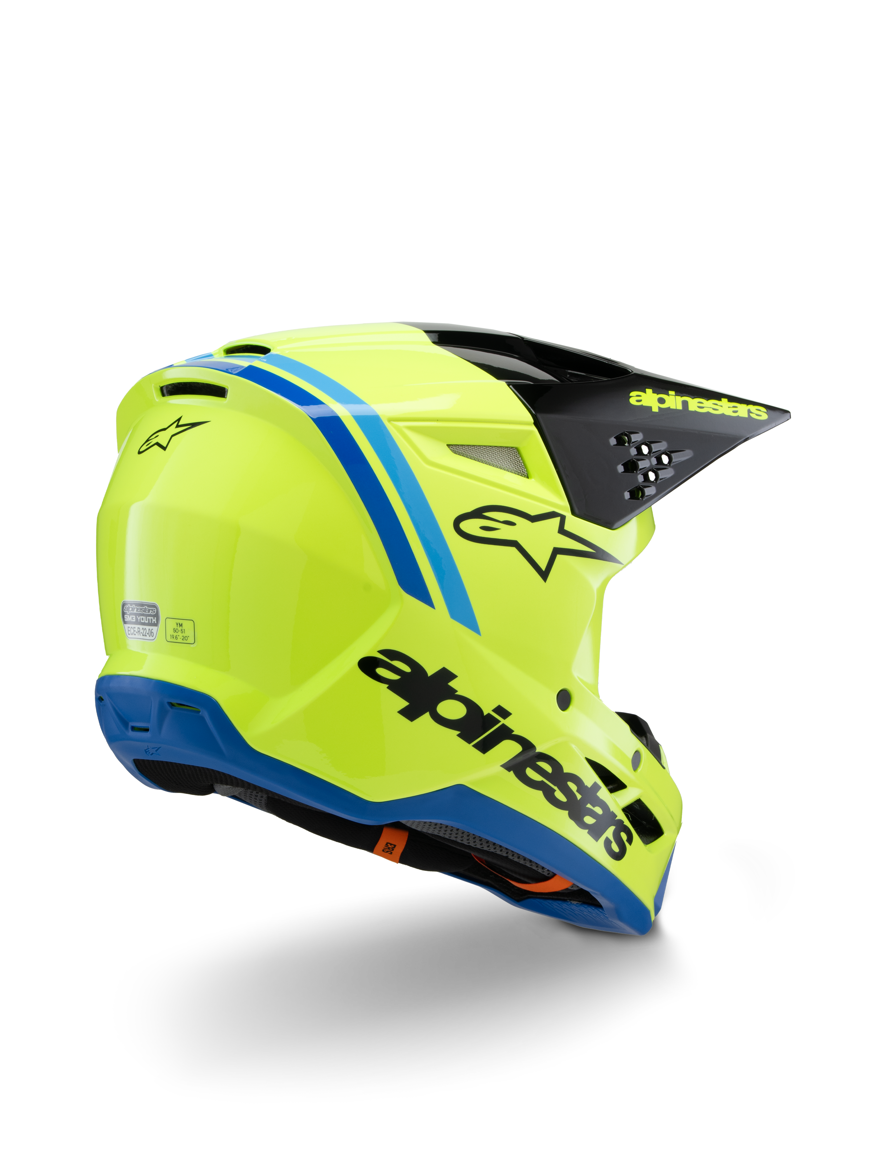 Casco Alpinestars S-M3 Youth Radium ECE 22.06, casco da motocross, giallo fluo con dettagli neri e blu, vista posteriore di tre quarti che mostra la visiera nera con logo giallo e bordo inferiore blu