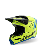 Casco Alpinestars S-M3 Youth Radium, casco da motocross, giallo fluo, nero e blu, con visiera nera, logo Alpinestars sul lato, dettagli blu sul bordo, equipaggiamento protettivo ad alte prestazioni per giovani piloti