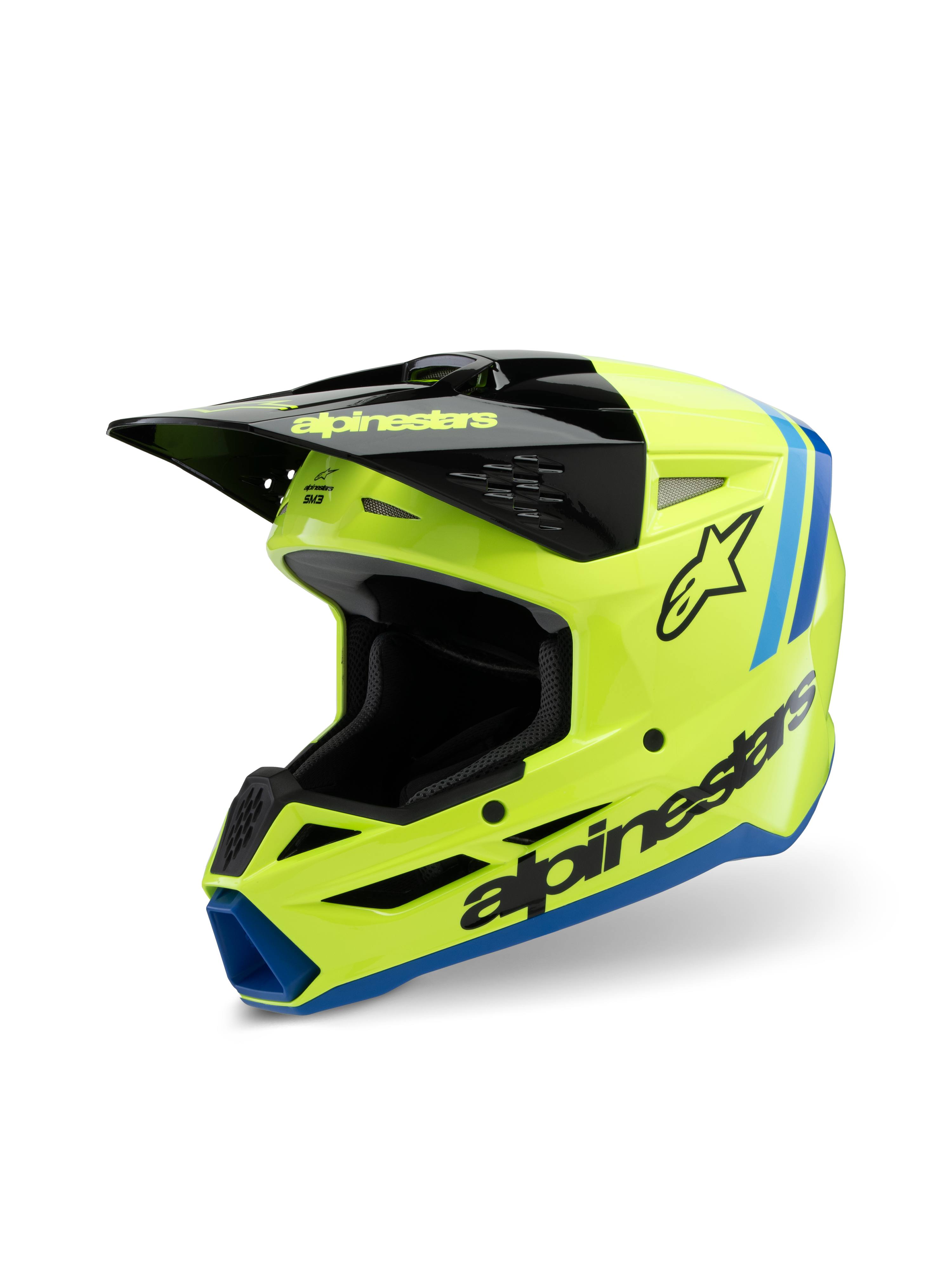 Casco Alpinestars S-M3 Youth Radium, casco da motocross, giallo fluo, nero e blu, con visiera nera, logo Alpinestars sul lato, dettagli blu sul bordo, equipaggiamento protettivo ad alte prestazioni per giovani piloti