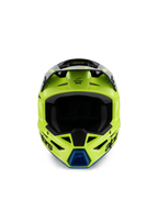 Casco Alpinestars S-M3 Youth Radium, casco da motocross, giallo fluo, nero e blu, vista frontale con visiera nera e presa d'aria blu sul mento, marchio Alpinestars in evidenza, profilo aerodinamico per corse off-road per ragazzi