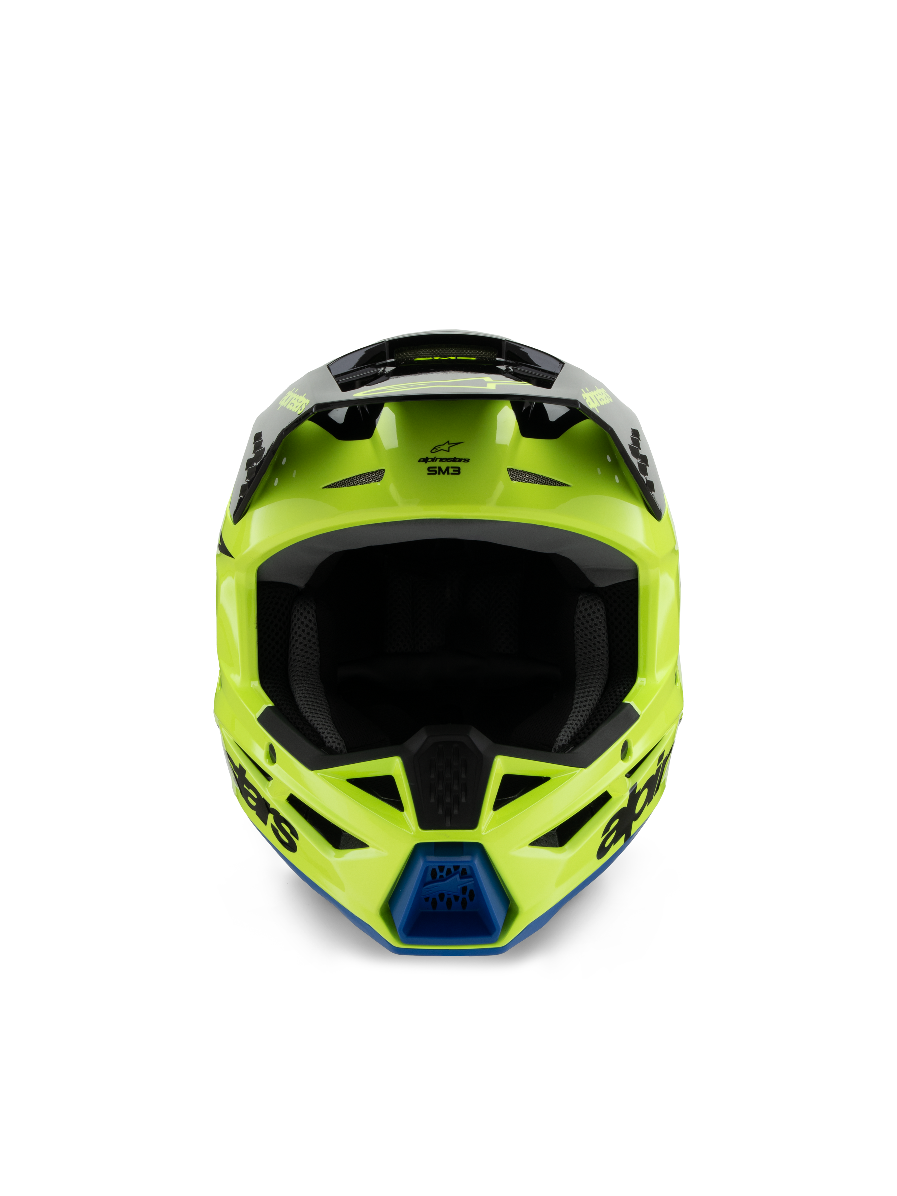 Casco Alpinestars S-M3 Youth Radium, casco da motocross, giallo fluo, nero e blu, vista frontale con visiera nera e presa d'aria blu sul mento, marchio Alpinestars in evidenza, profilo aerodinamico per corse off-road per ragazzi