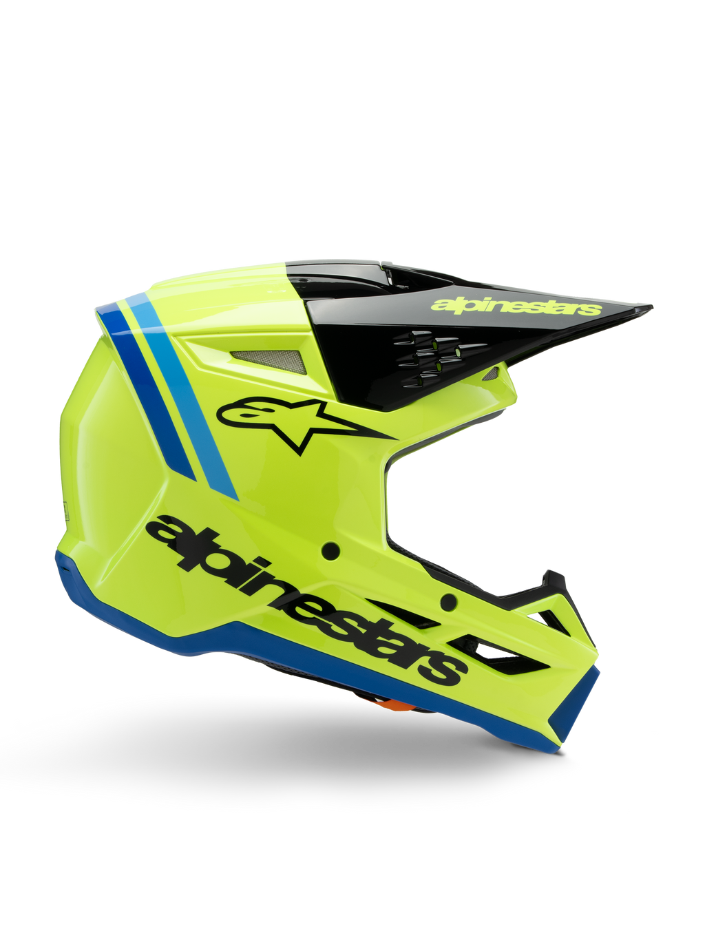 Casco Alpinestars S-M3 Youth Radium, casco da motocross per ragazzi, giallo fluo brillante con accenti neri e blu, vista laterale che mostra il design aerodinamico, visiera nera con logo giallo, branding nero sul lato, protezione certificata ECE 22.06 per gare off-road