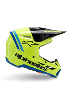 Casco Alpinestars S-M3 Youth Radium, casco da motocross per ragazzi, giallo fluo brillante con accenti neri e blu, vista laterale che mostra il design aerodinamico, visiera nera con logo giallo, branding nero sul lato, protezione certificata ECE 22.06 per gare off-road