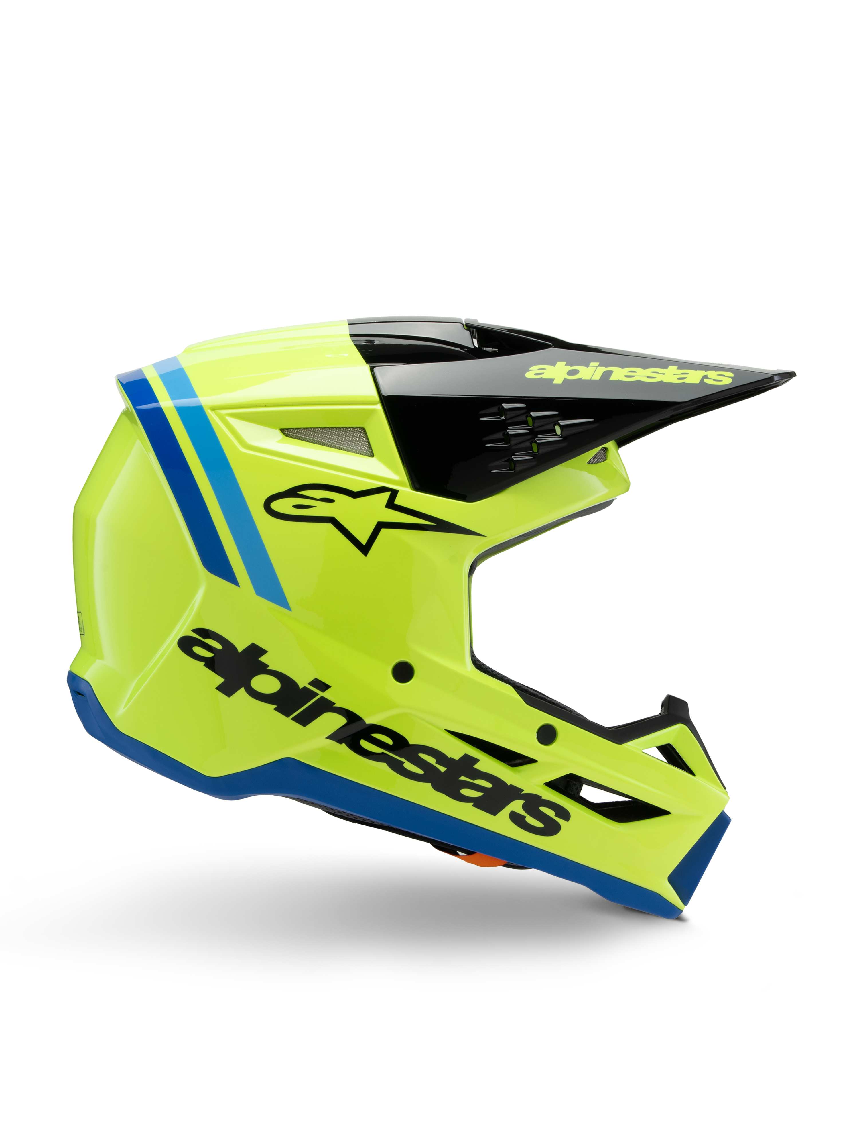 Casco Alpinestars S-M3 Youth Radium, casco da motocross per ragazzi, giallo fluo brillante con accenti neri e blu, vista laterale che mostra il design aerodinamico, visiera nera con logo giallo, branding nero sul lato, protezione certificata ECE 22.06 per gare off-road