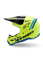 Alpinestars S-M3 Youth Radium Helmet, casco da motocross, giallo fluorescente con accenti blu e neri, logo Alpinestars in evidenza, profilo aerodinamico per corse fuoristrada per ragazzi