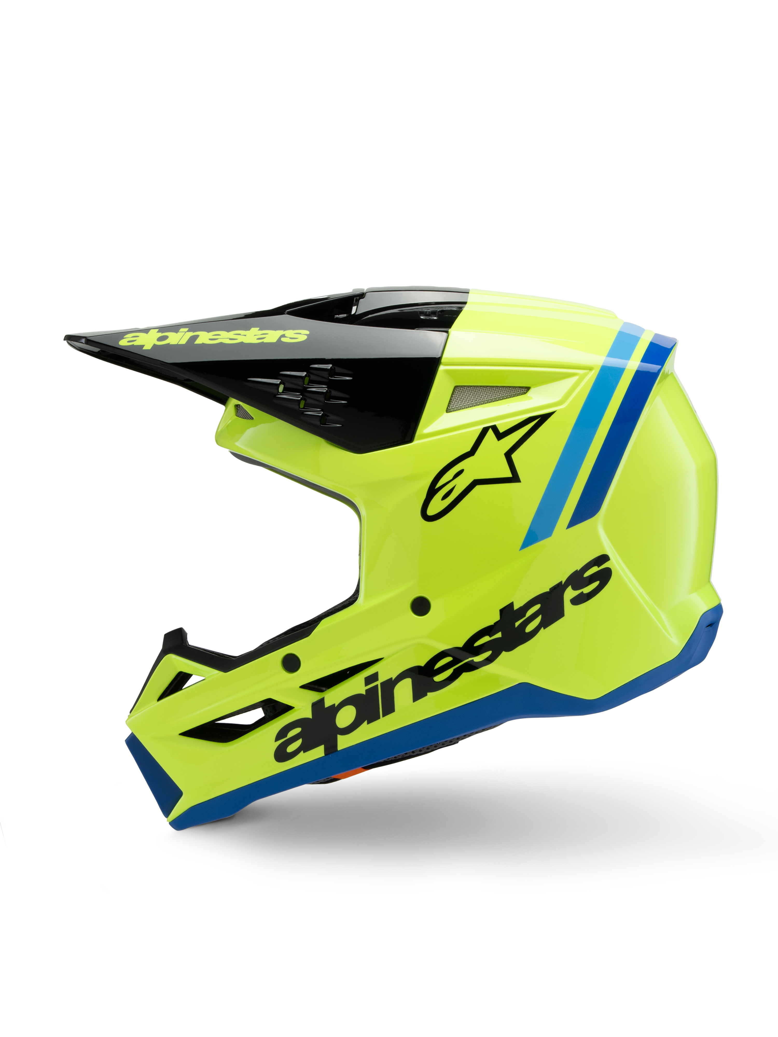 Alpinestars S-M3 Youth Radium Helmet, casco da motocross, giallo fluorescente con accenti blu e neri, logo Alpinestars in evidenza, profilo aerodinamico per corse fuoristrada per ragazzi