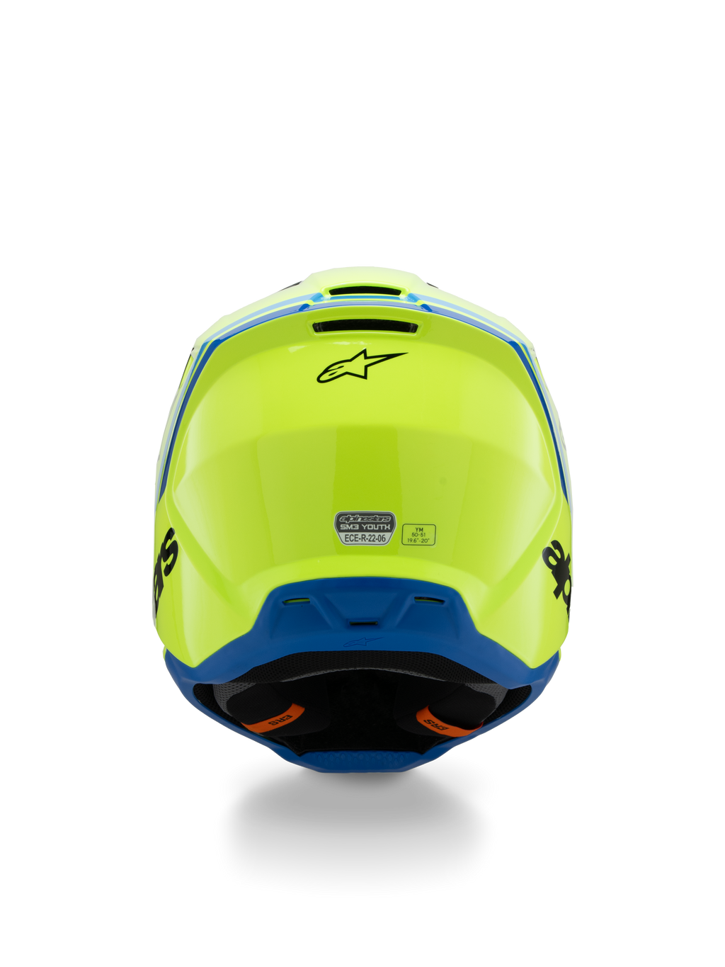 Alpinestars S-M3 Youth Radium Helmet ECE 22.06, casco da motocross, giallo fluo e blu, vista posteriore con logo Alpinestars nero e adesivo di certificazione ECE, design aerodinamico della calotta per gare off-road per ragazzi