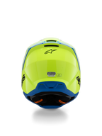 Alpinestars S-M3 Youth Radium Helmet ECE 22.06, casco da motocross, giallo fluo e blu, vista posteriore con logo Alpinestars nero e adesivo di certificazione ECE, design aerodinamico della calotta per gare off-road per ragazzi