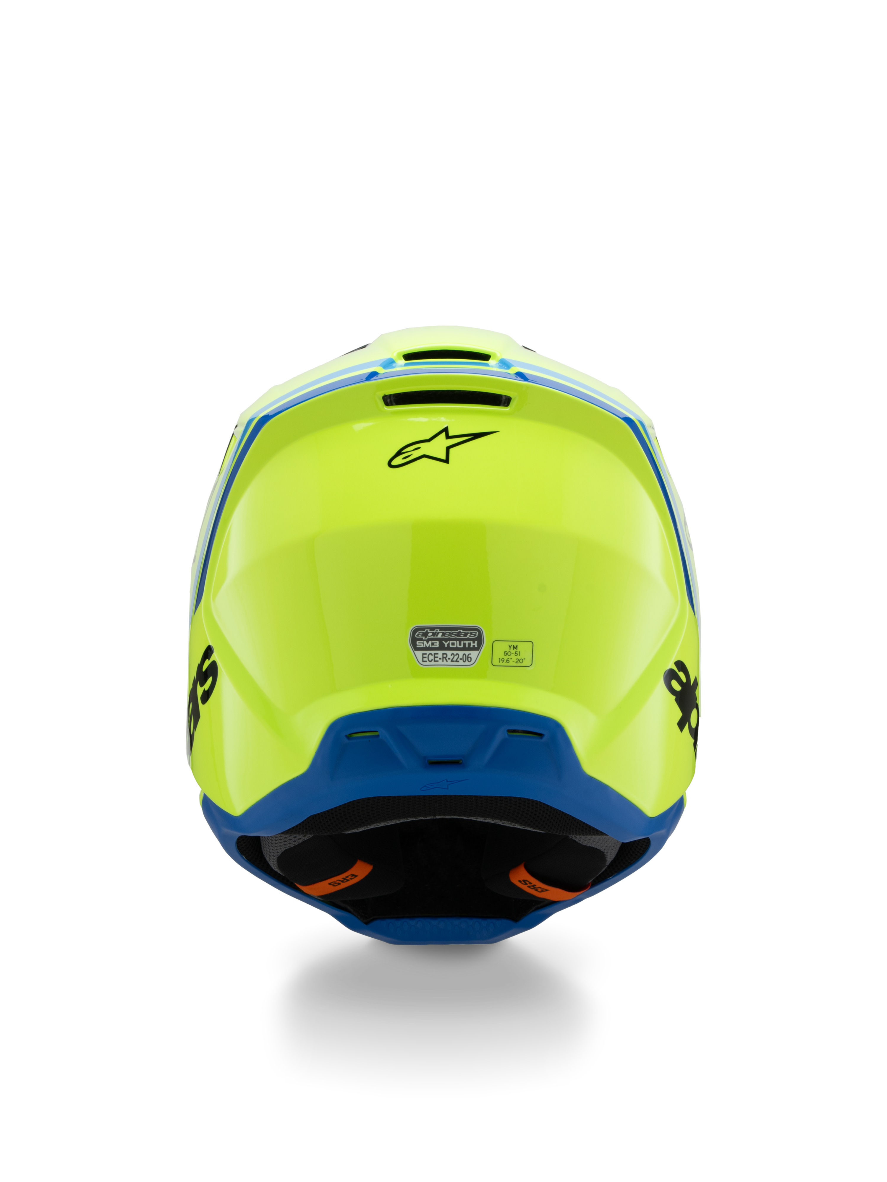 Alpinestars S-M3 Youth Radium Helmet ECE 22.06, casco da motocross, giallo fluo e blu, vista posteriore con logo Alpinestars nero e adesivo di certificazione ECE, design aerodinamico della calotta per gare off-road per ragazzi